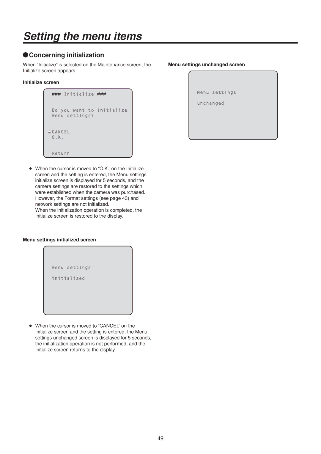 Panasonic AWHE50HN manual QqConcerning initialization, Initialize screen, Menu settings initialized screen 