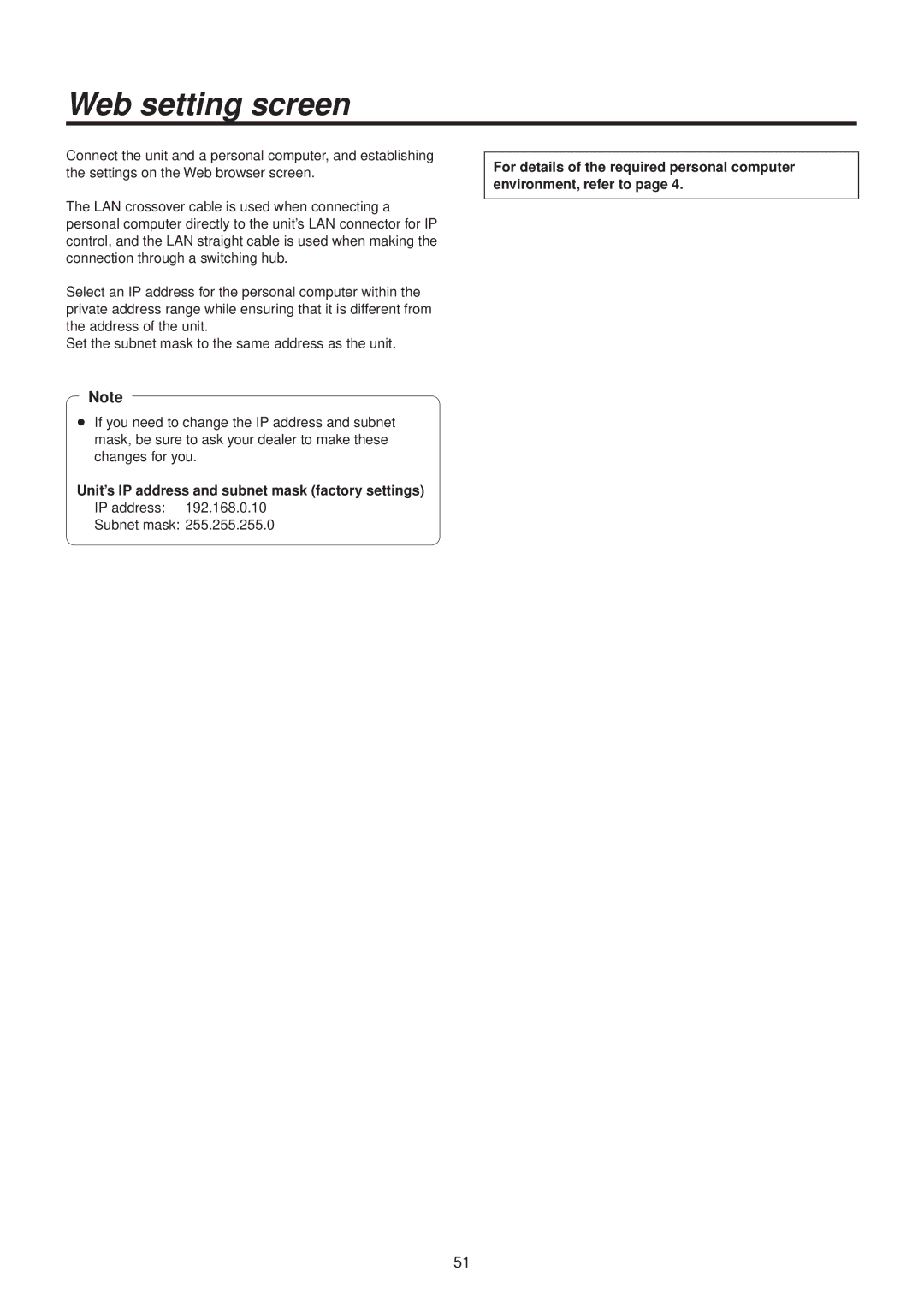 Panasonic AWHE50HN manual Web setting screen 