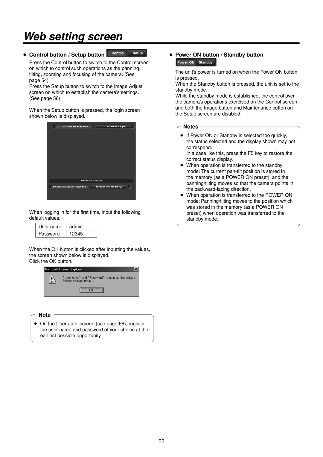 Panasonic AWHE50HN manual  Control button / Setup button,  Power on button / Standby button 