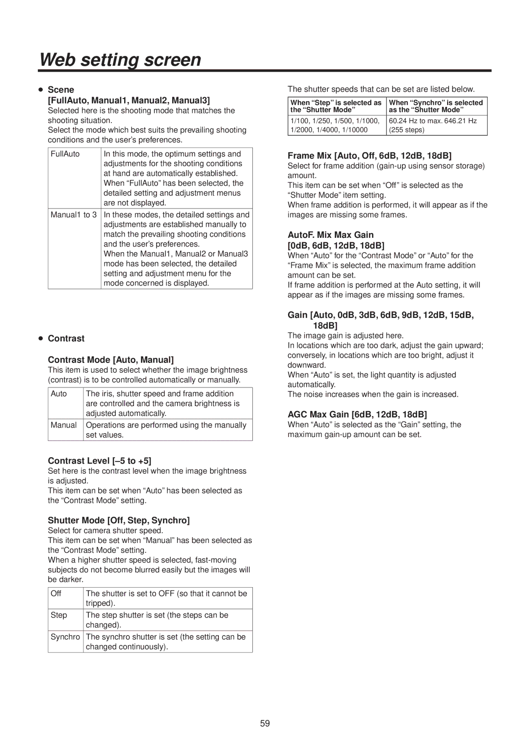 Panasonic AWHE50HN manual  Scene FullAuto, Manual1, Manual2, Manual3,  Contrast Contrast Mode Auto, Manual 