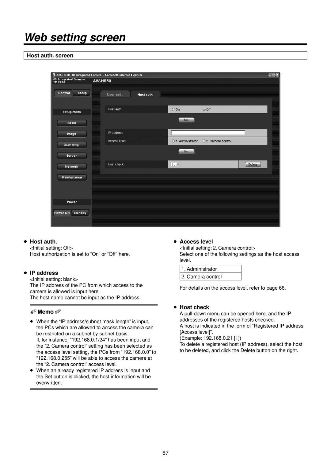 Panasonic AWHE50HN manual Host auth. screen  Host auth,  IP address,  Host check 