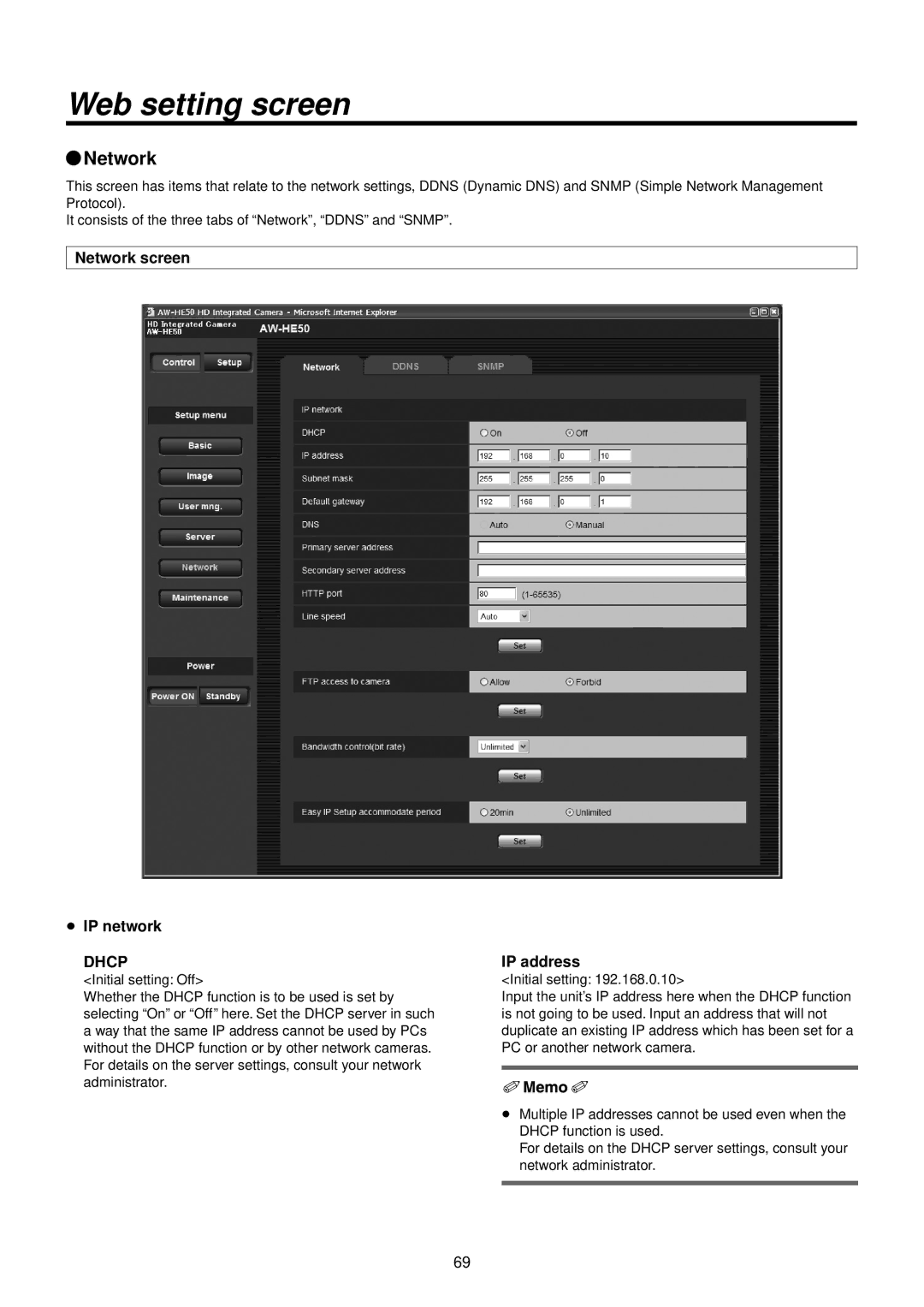 Panasonic AWHE50HN manual QqNetwork, Network screen  IP network, IP address 