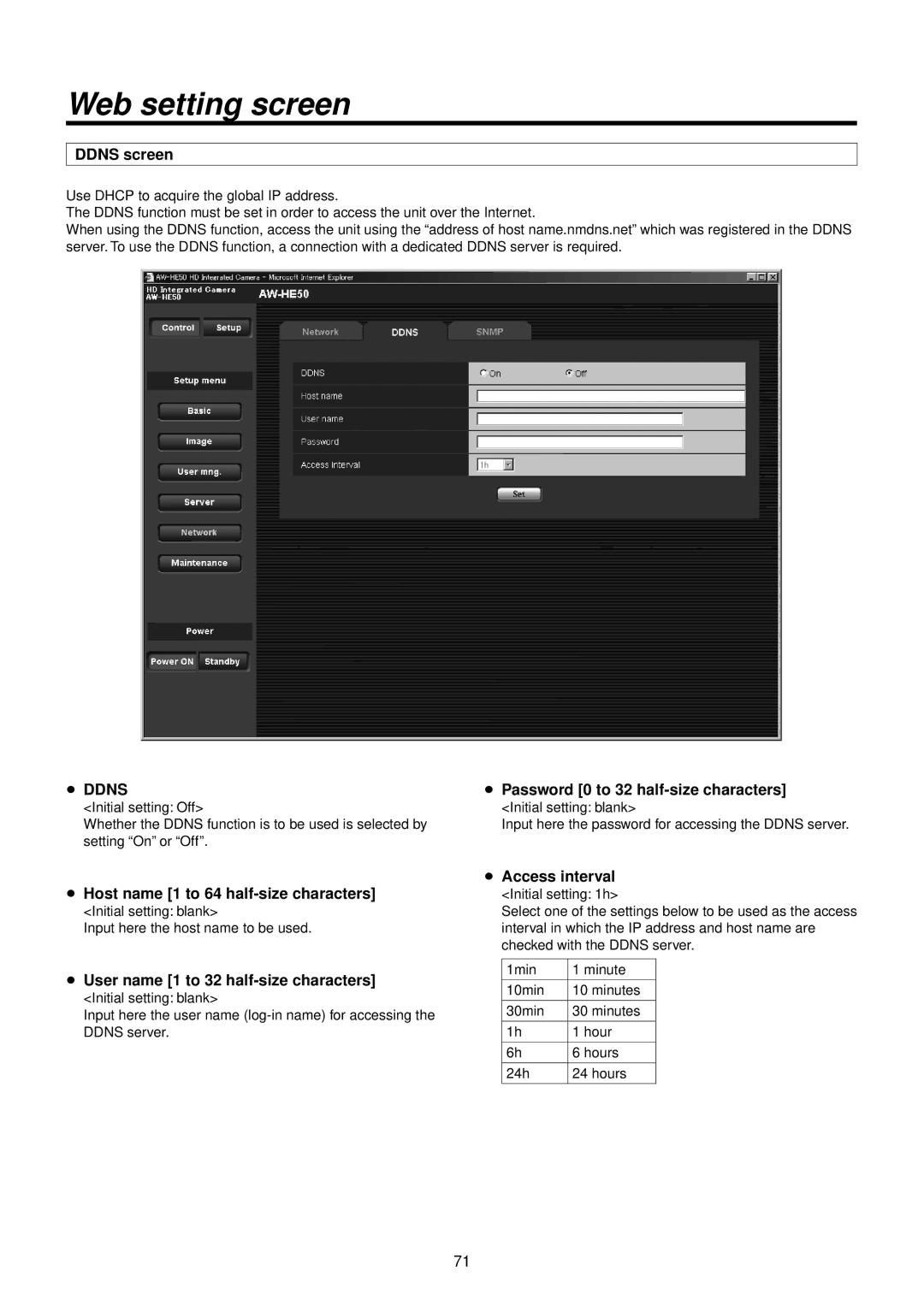 Panasonic AWHE50HN manual Ddns screen,  Password 0 to 32 half-size characters,  Host name 1 to 64 half-size characters 