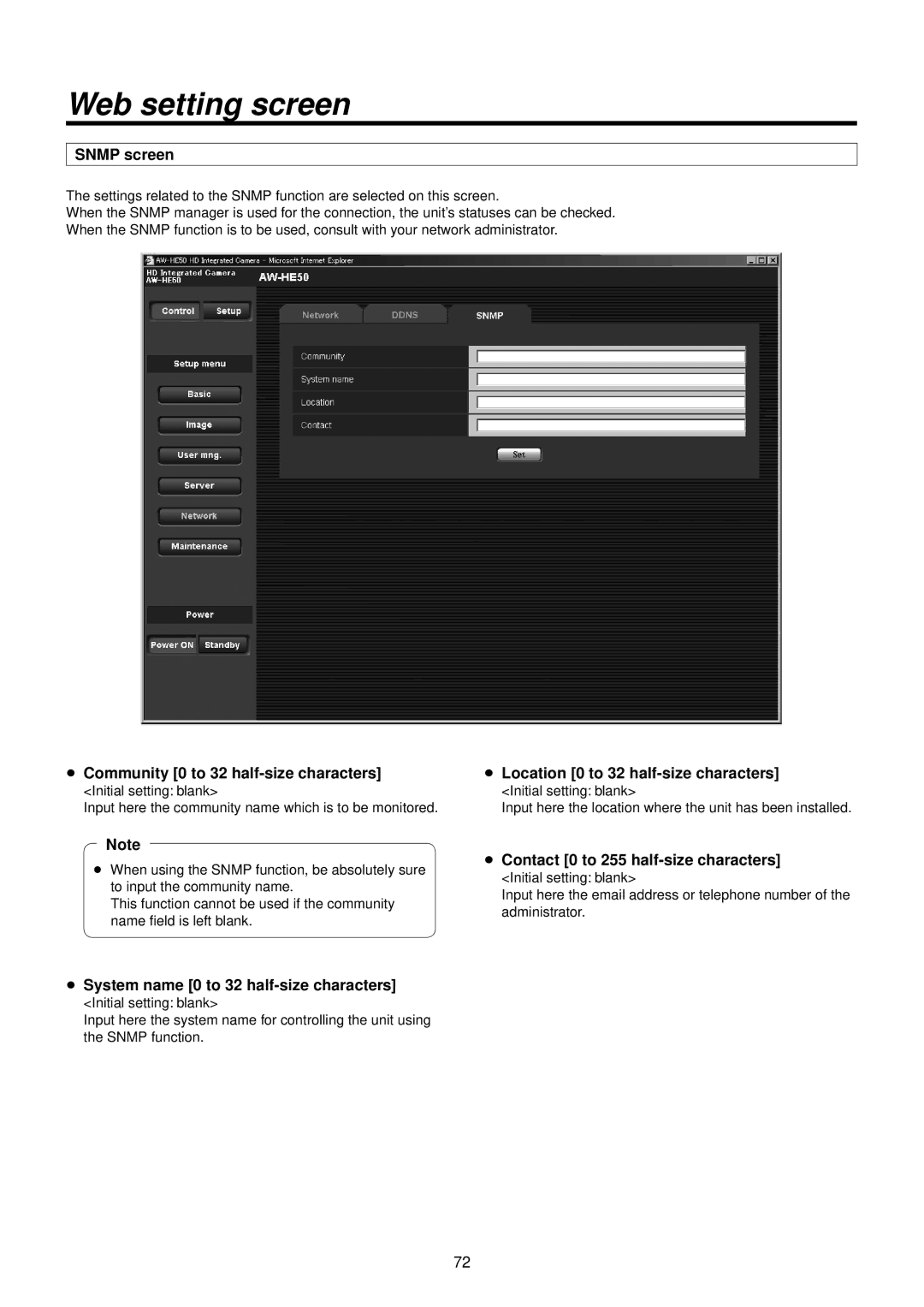 Panasonic AWHE50HN manual Snmp screen,  Community 0 to 32 half-size characters,  Location 0 to 32 half-size characters 