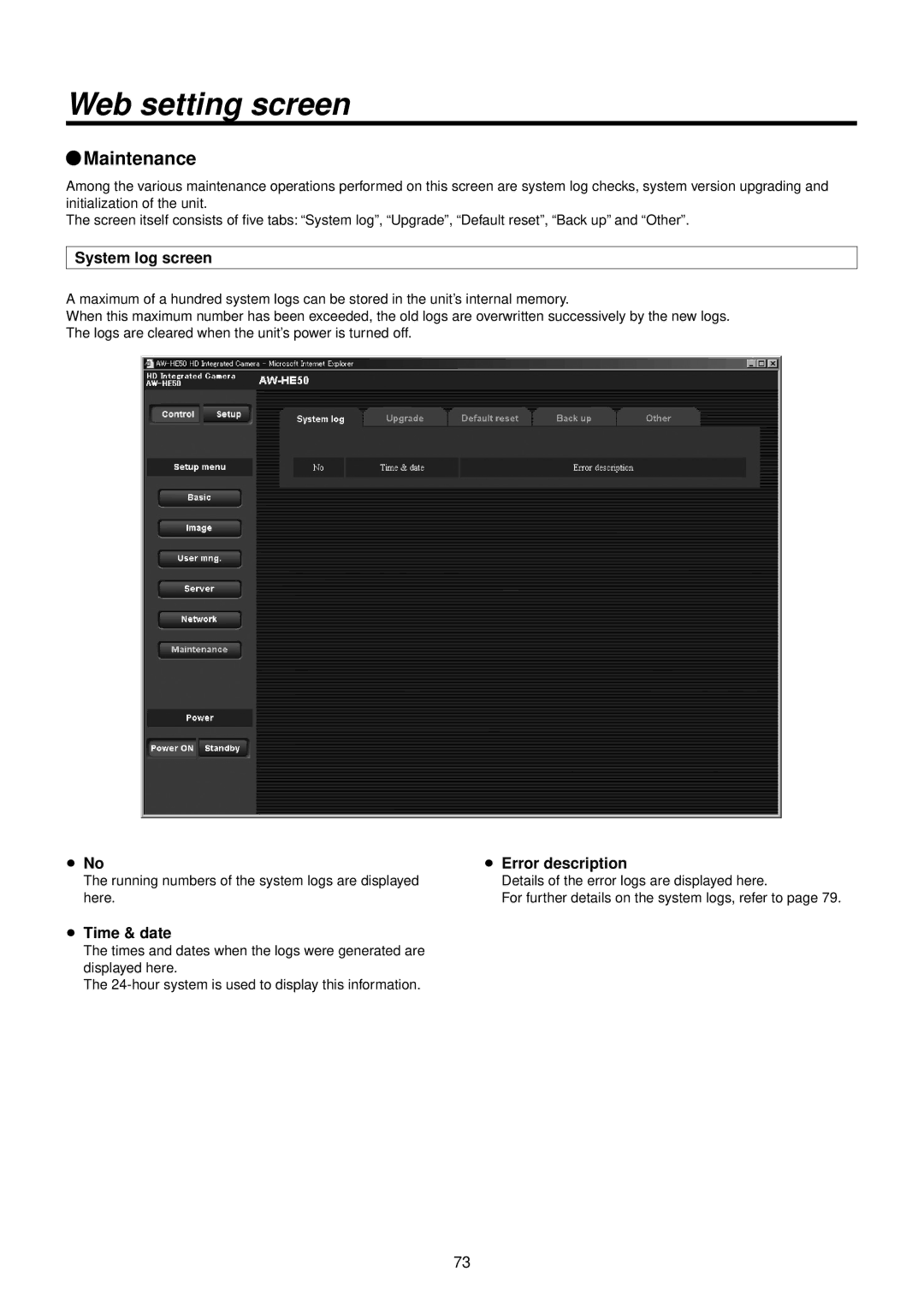 Panasonic AWHE50HN manual QqMaintenance, System log screen,  Error description,  Time & date 