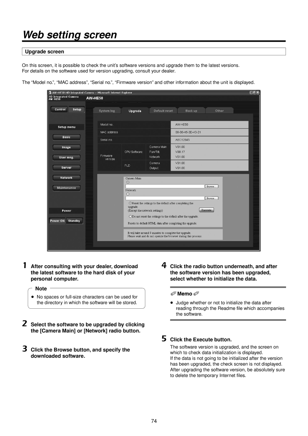 Panasonic AWHE50HN manual Upgrade screen, Click the Execute button 