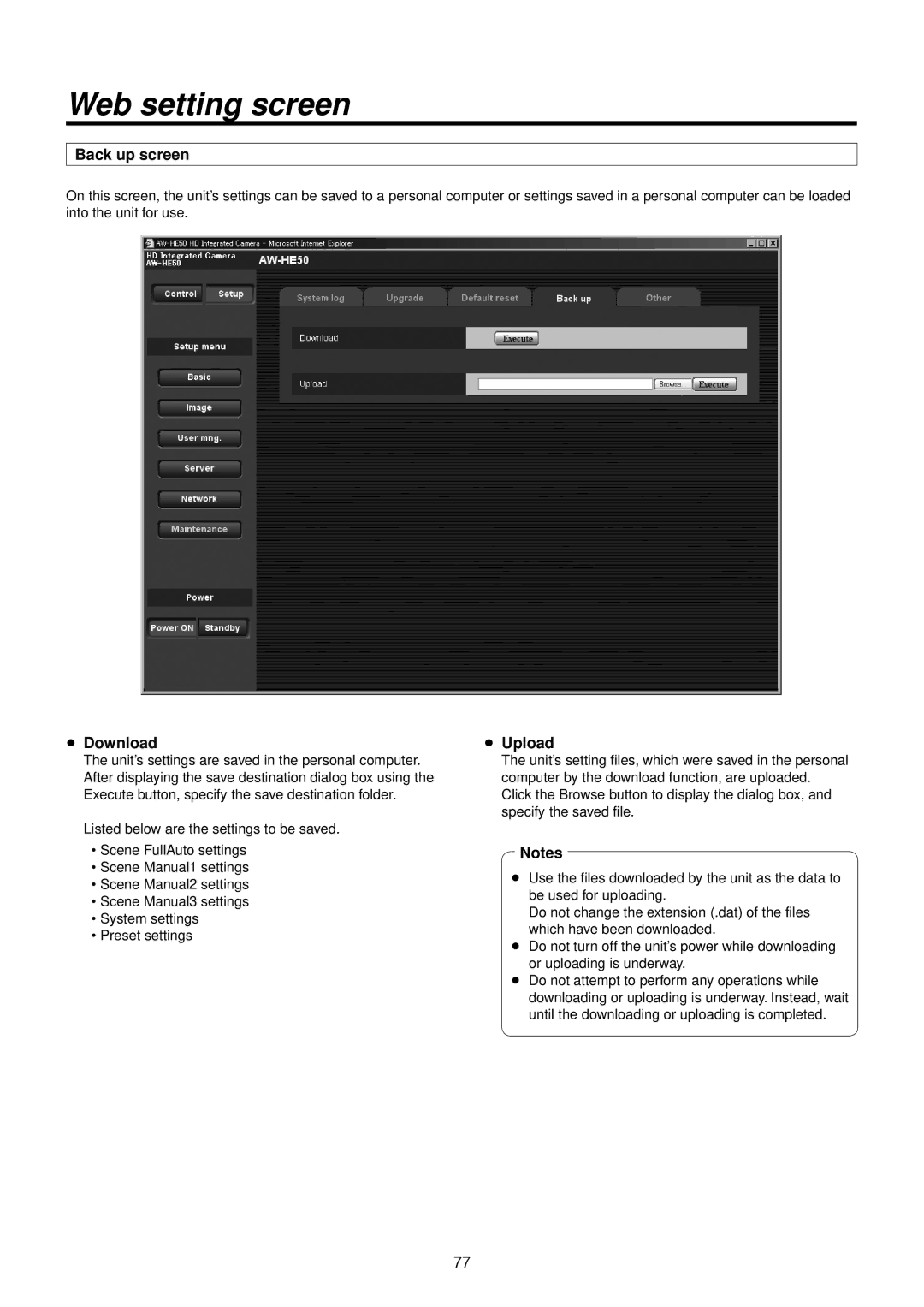 Panasonic AWHE50HN manual Back up screen,  Download,  Upload 