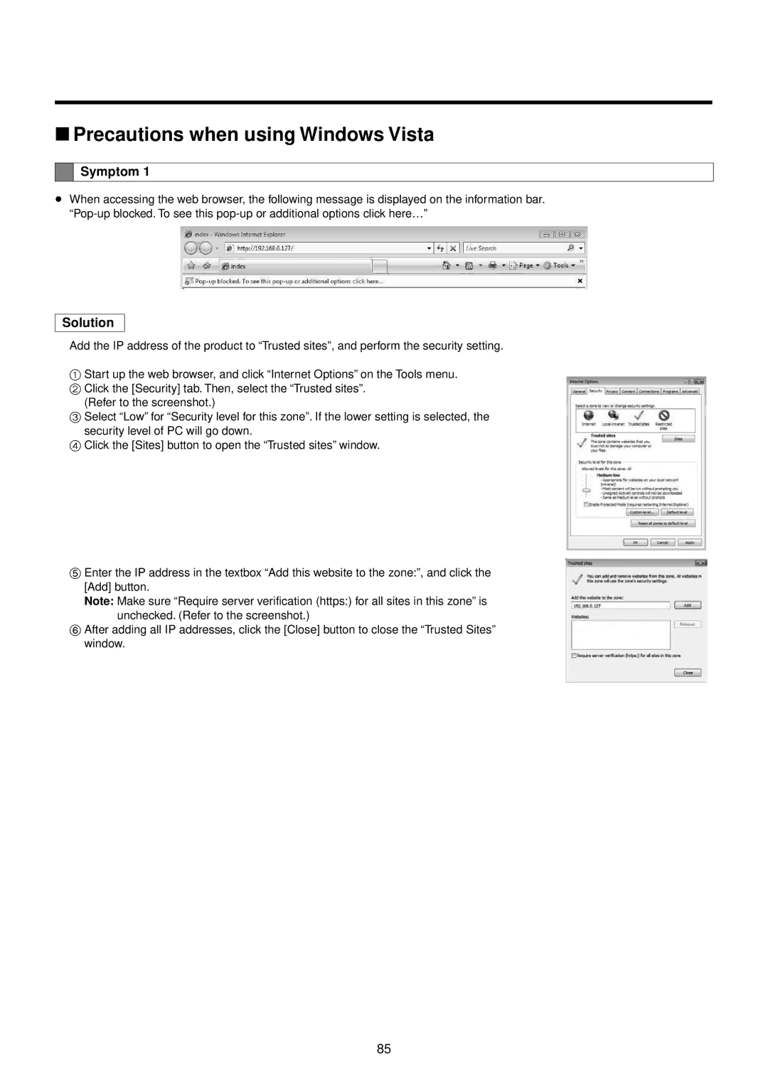 Panasonic AWHE50HN manual WwPrecautions when using Windows Vista, Symptom, Solution 