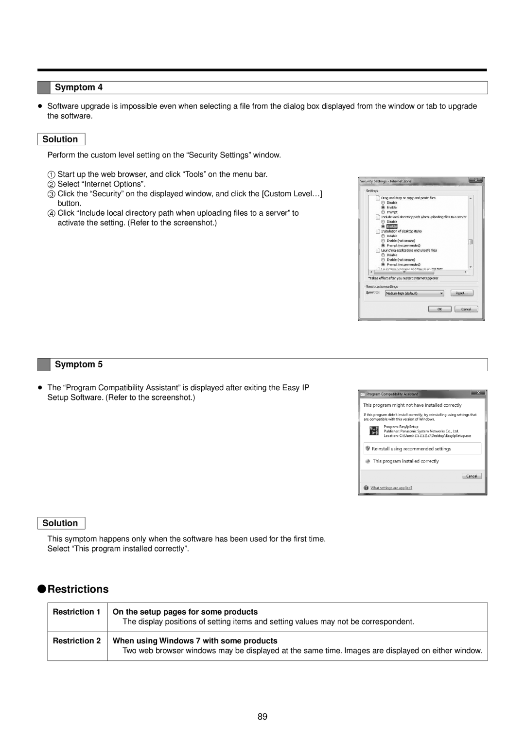 Panasonic AWHE50HN manual Restriction 1 On the setup pages for some products 