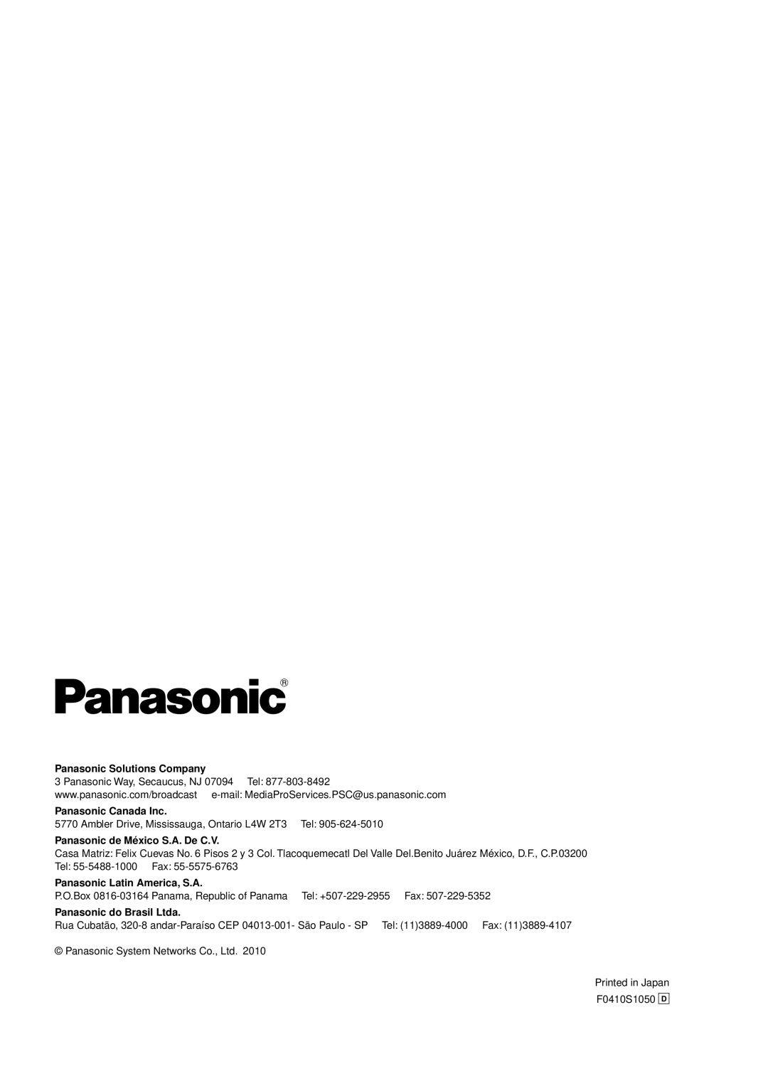 Panasonic AWHE50HN manual Panasonic Solutions Company 