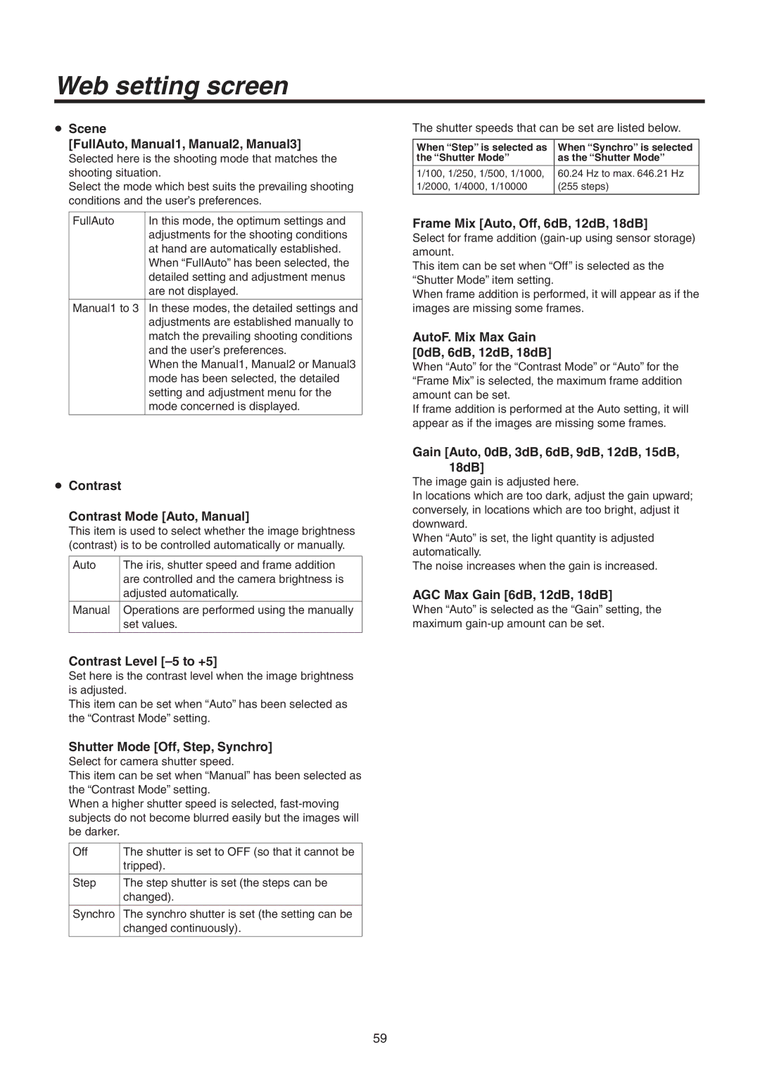 Panasonic AWHE50HN, AWHE50SN manual  Scene FullAuto, Manual1, Manual2, Manual3,  Contrast Contrast Mode Auto, Manual 