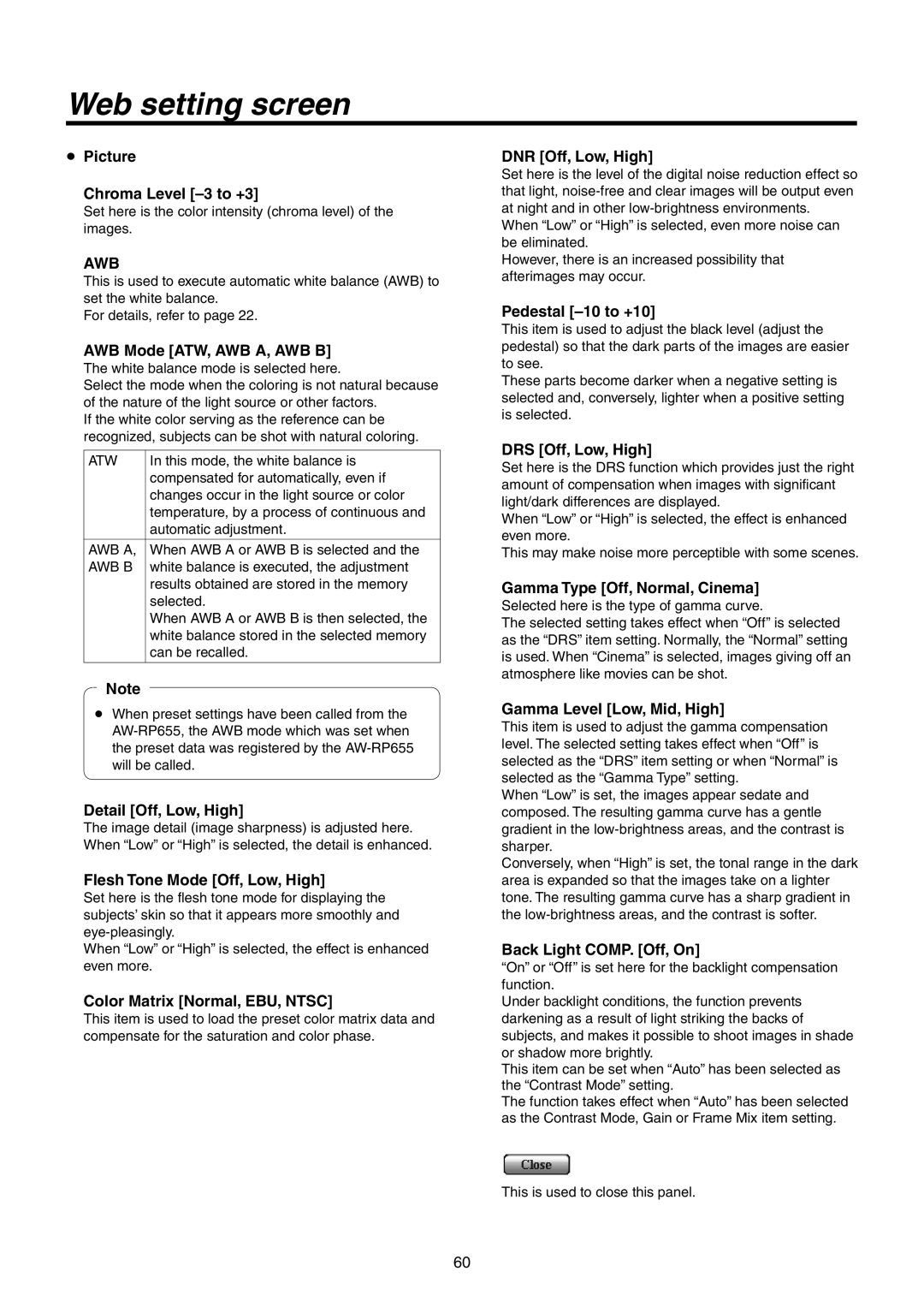 Panasonic AWHE50SN, AWHE50HN manual  Picture Chroma Level -3 to +3, Awb 