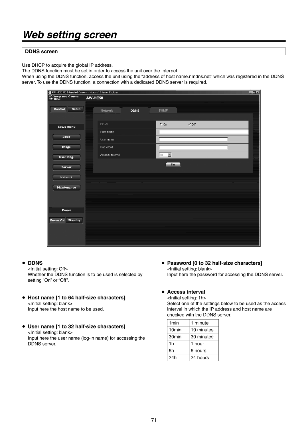 Panasonic AWHE50HN manual Ddns screen,  Password 0 to 32 half-size characters,  Host name 1 to 64 half-size characters 