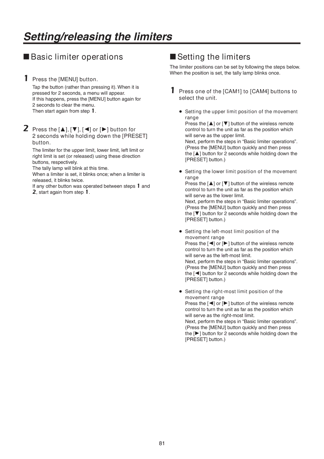 Panasonic AWHE50HN, AWHE50SN manual Setting/releasing the limiters, WwBasic limiter operations, WwSetting the limiters 