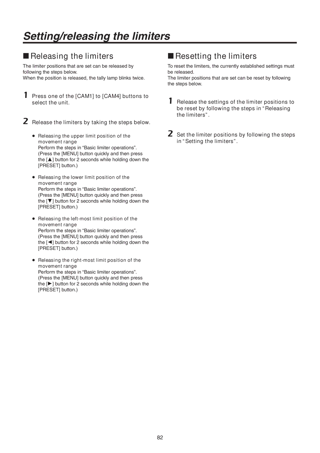 Panasonic AWHE50SN, AWHE50HN manual WwReleasing the limiters, WwResetting the limiters 