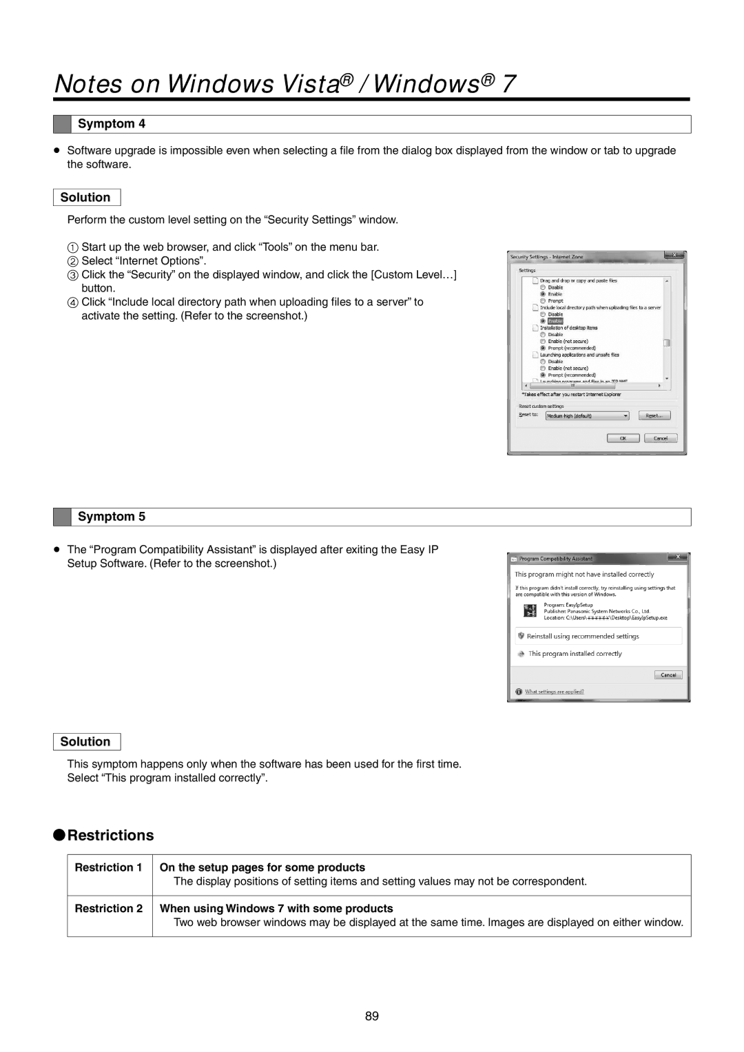 Panasonic AWHE50HN, AWHE50SN manual Restriction 1 On the setup pages for some products 