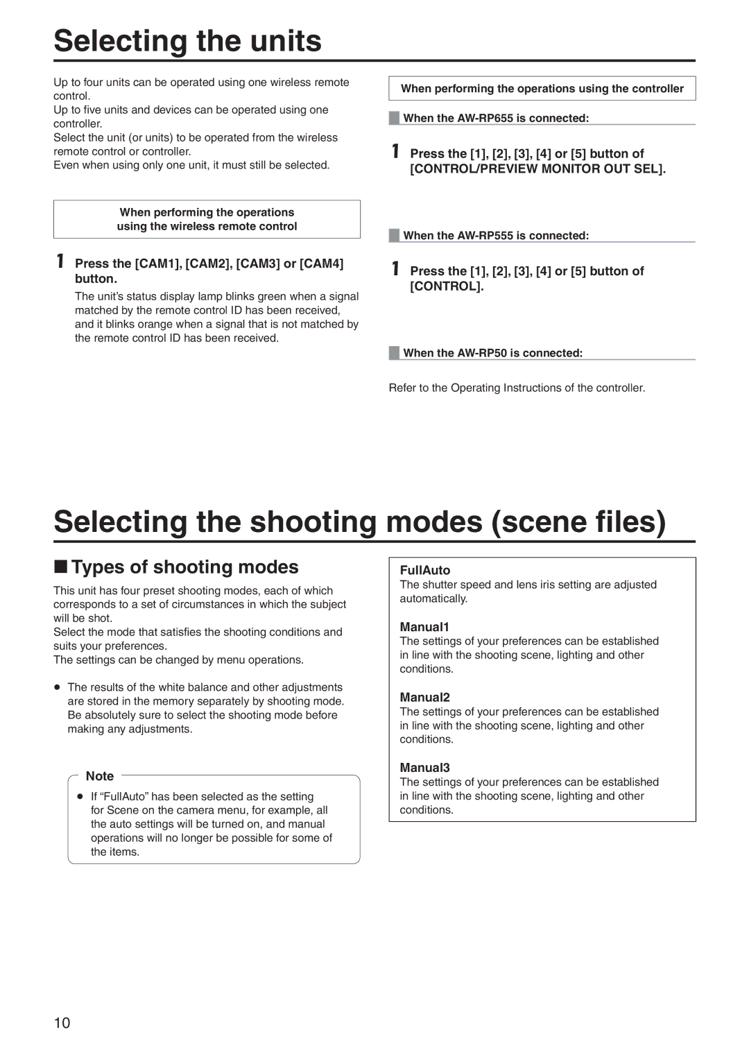 Panasonic AWHE60SE, AWHE60SN manual Selecting the units, Selecting the shooting modes scene files, WwTypes of shooting modes 