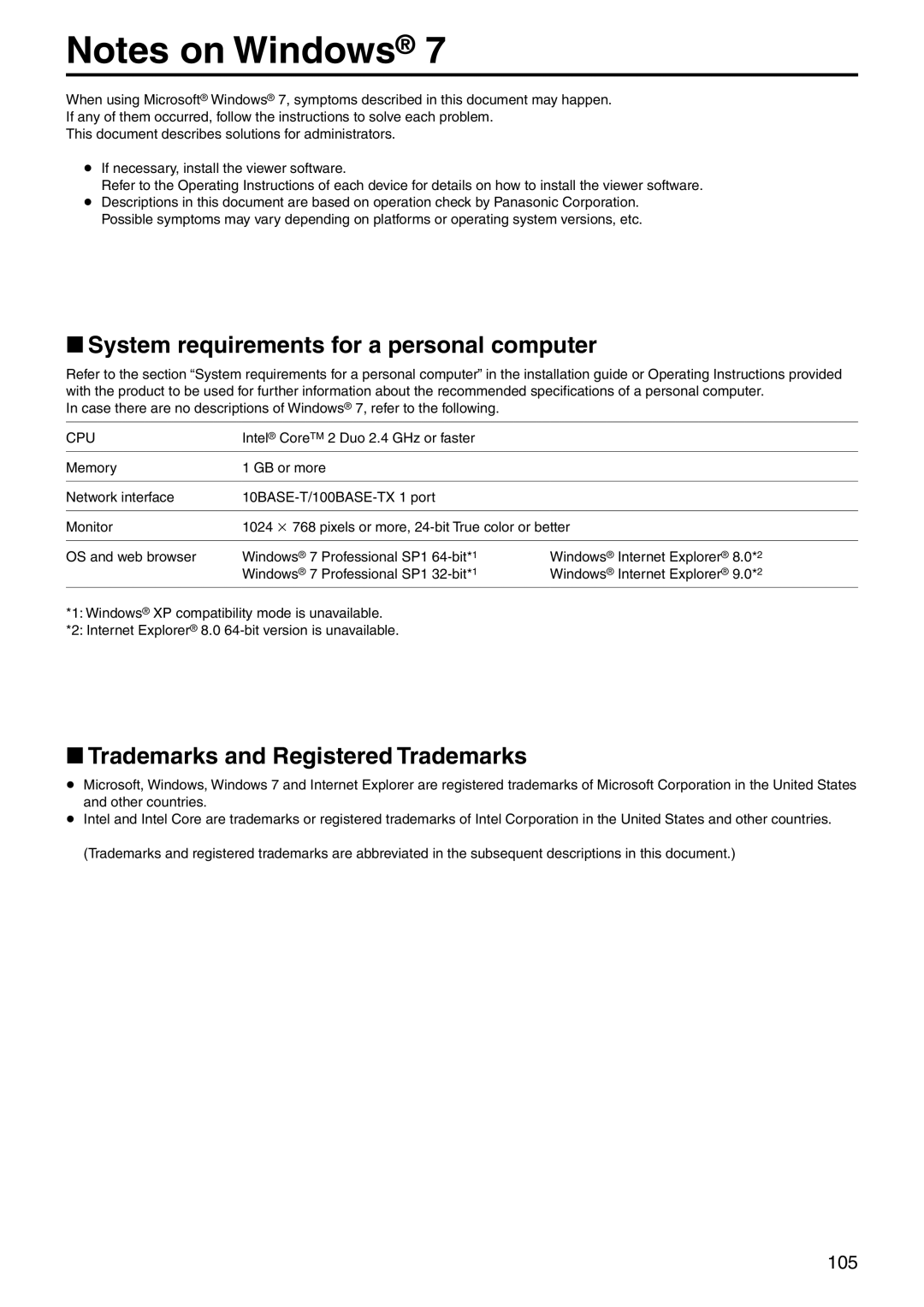 Panasonic AWHE60HN, AWHE60SN manual WwSystem requirements for a personal computer, WwTrademarks and Registered Trademarks 