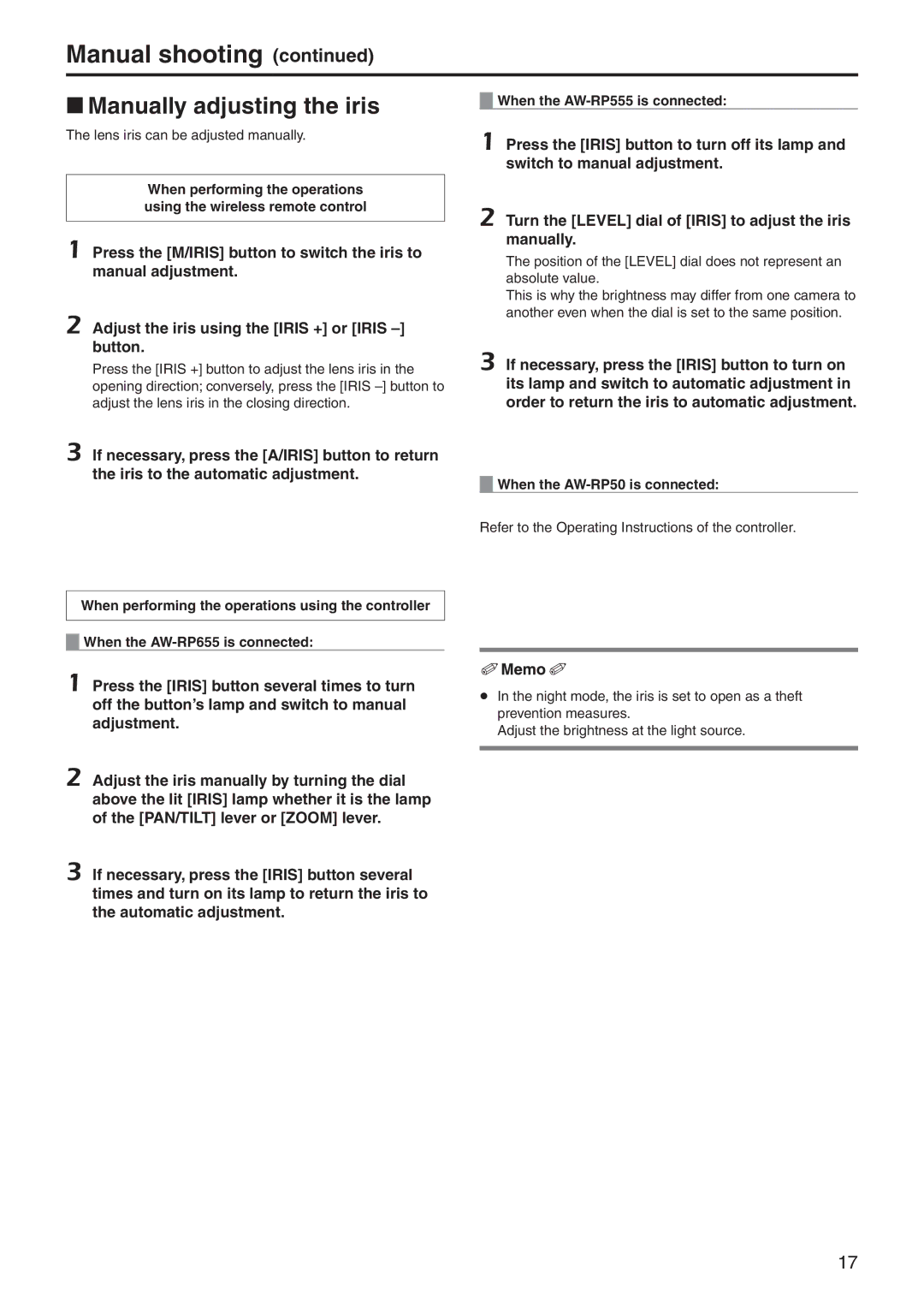 Panasonic AWHE60HN, AWHE60SN, AWHE60SE, AWHE60HE manual Manual shooting, WwManually adjusting the iris 