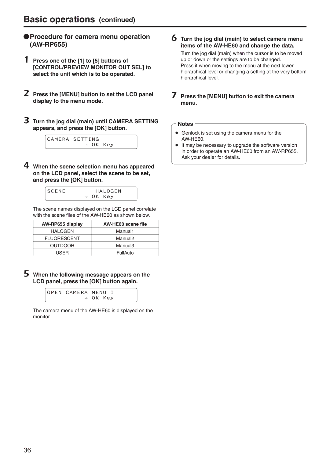 Panasonic AWHE60SN, AWHE60HN QqProcedure for camera menu operation AW‑RP655, Press the Menu button to exit the camera menu 