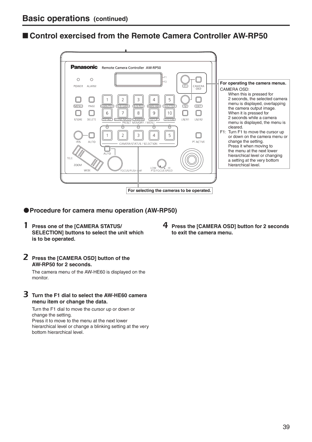 Panasonic AWHE60HE, AWHE60SN, AWHE60HN, AWHE60SE manual QqProcedure for camera menu operation AW‑RP50, Camera OSD 