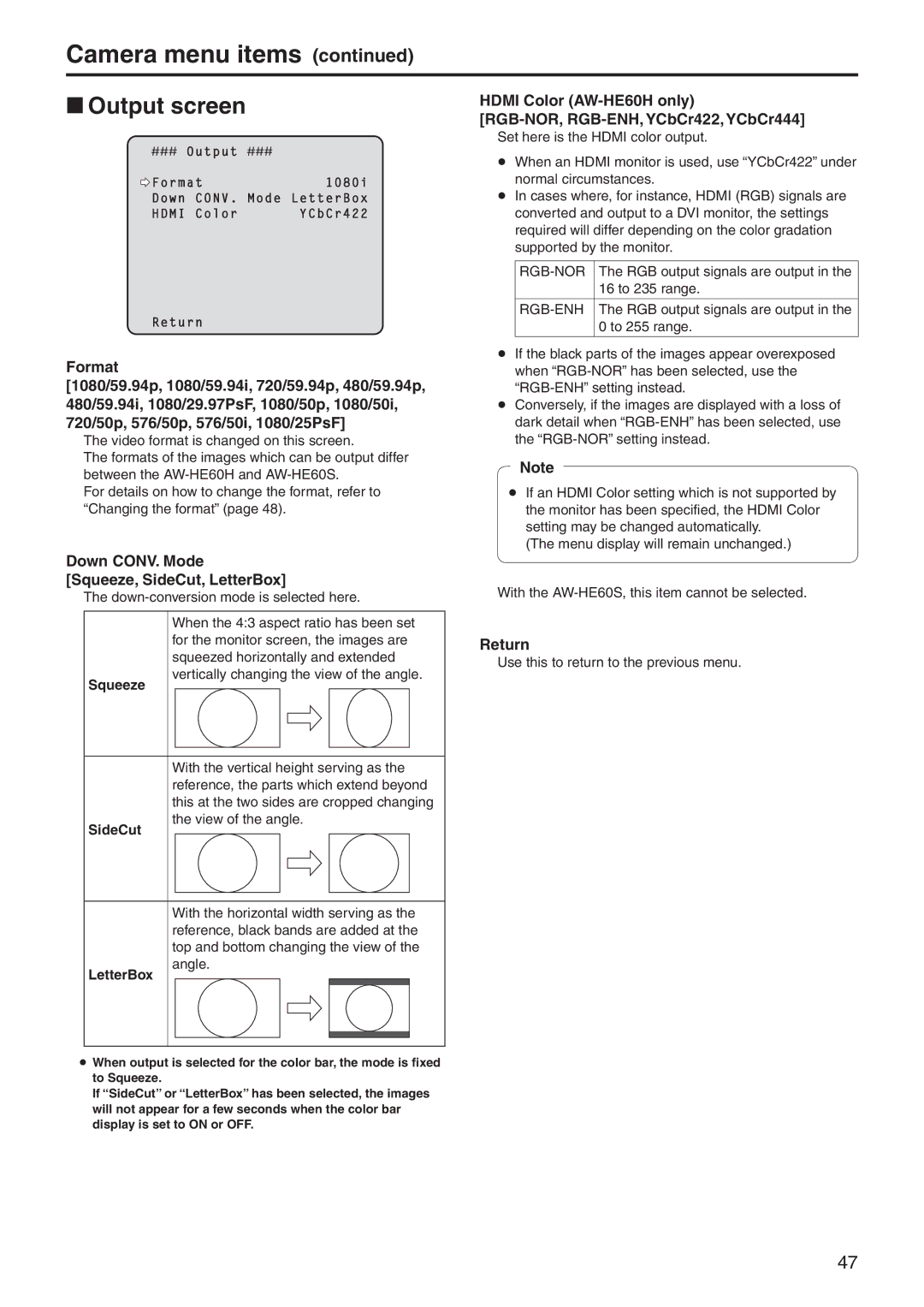 Panasonic AWHE60HE, AWHE60SN, AWHE60HN, AWHE60SE manual WwOutput screen, Down CONV. Mode Squeeze, SideCut, LetterBox 