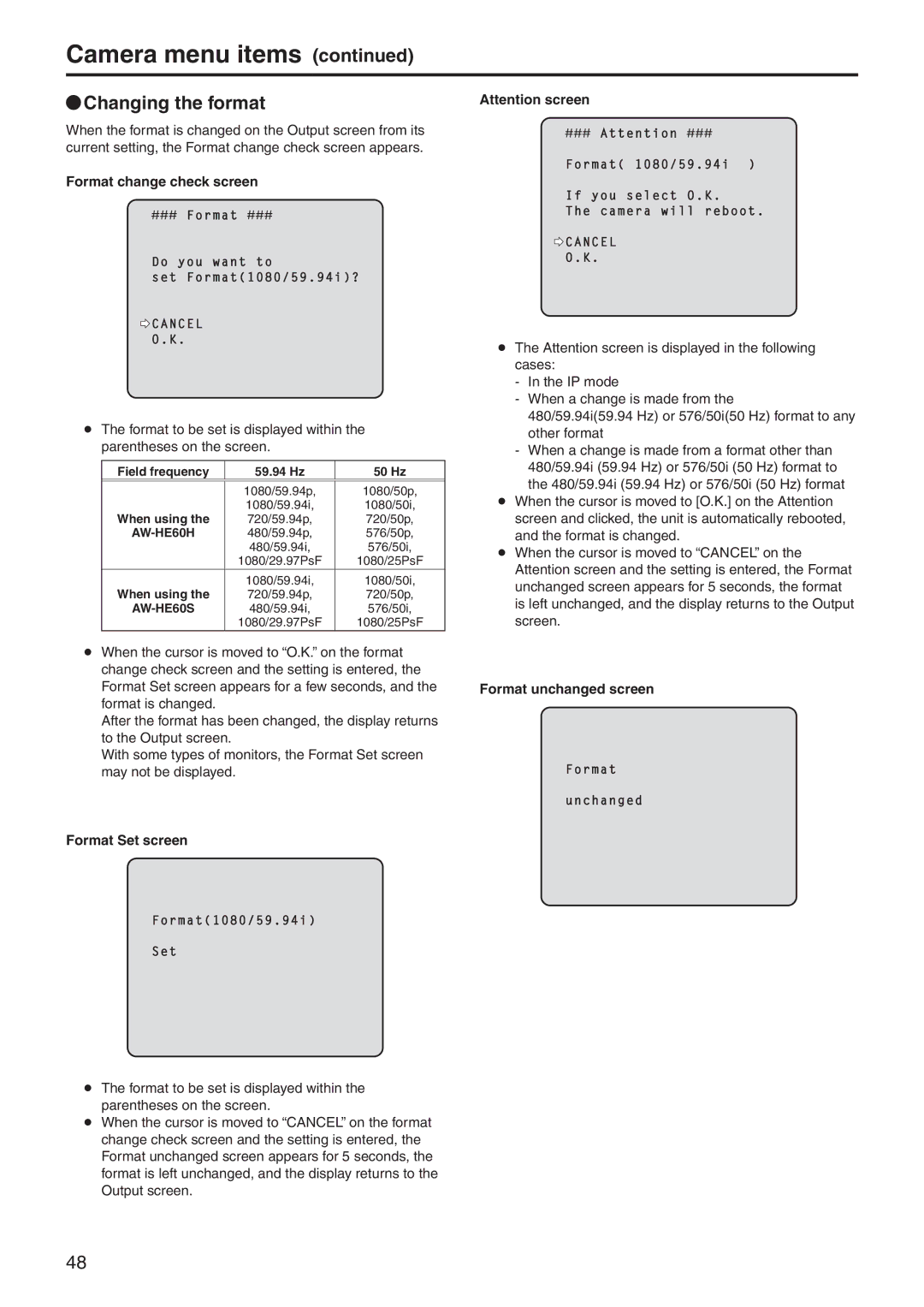 Panasonic AWHE60SN, AWHE60HN QqChanging the format, Format change check screen, Format Set screen, Format unchanged screen 