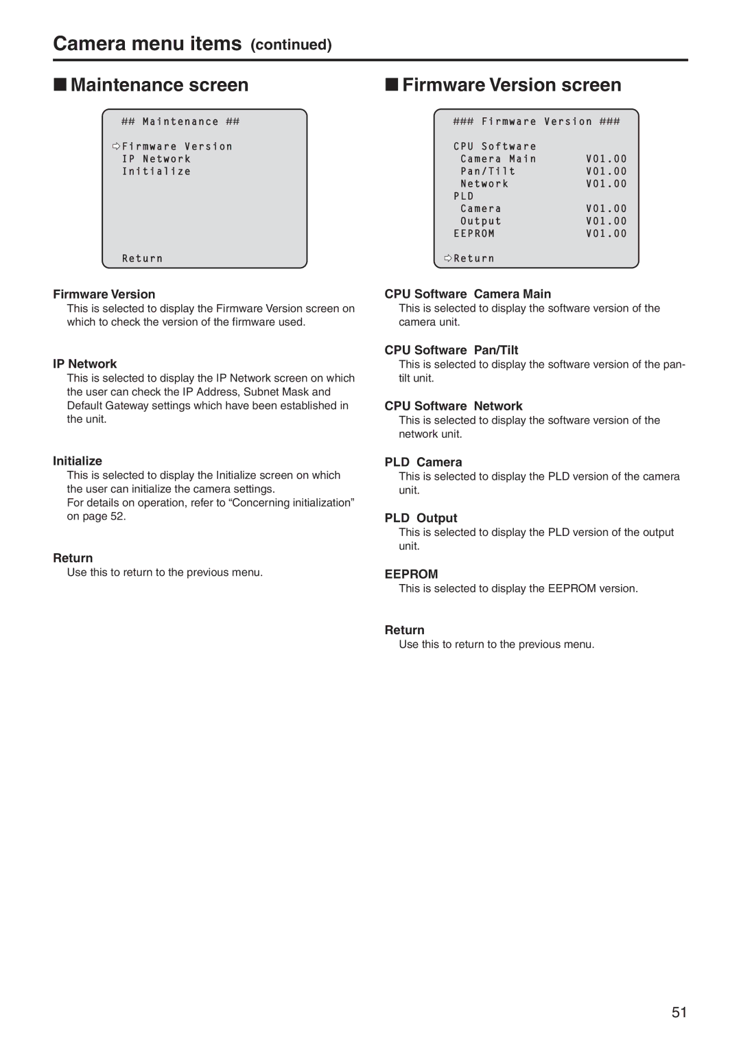 Panasonic AWHE60HE, AWHE60SN, AWHE60HN, AWHE60SE manual WwMaintenance screen, WwFirmware Version screen 