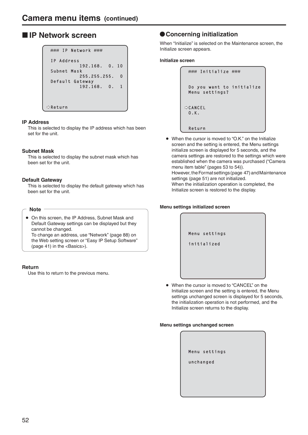 Panasonic AWHE60SN, AWHE60HN WwIP Network screen, QqConcerning initialization, IP Address, Subnet Mask, Default Gateway 