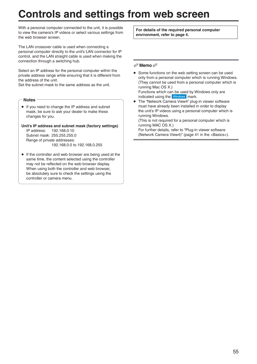 Panasonic AWHE60HE, AWHE60SN, AWHE60HN, AWHE60SE manual Controls and settings from web screen 