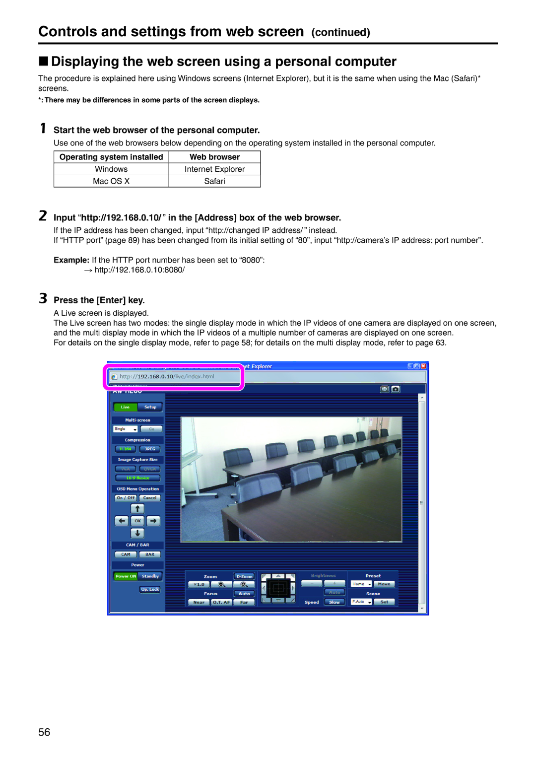 Panasonic AWHE60SN, AWHE60HN Controls and settings from web screen, WwDisplaying the web screen using a personal computer 