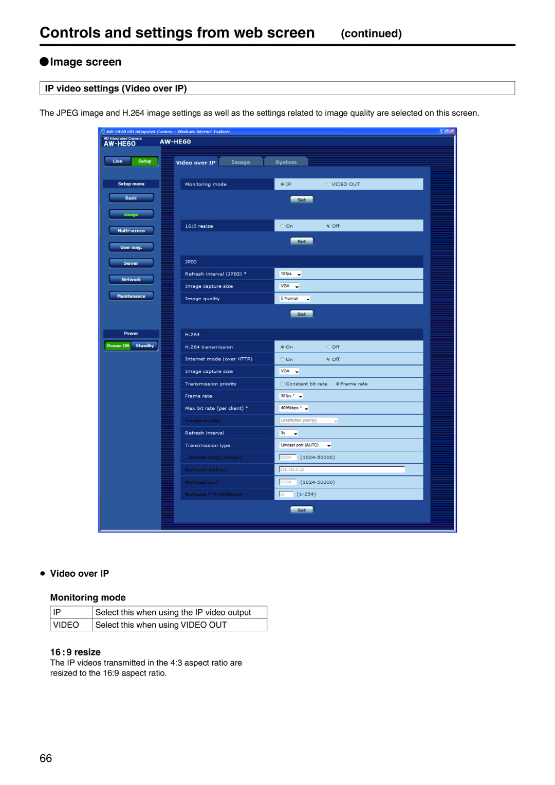 Panasonic AWHE60SE, AWHE60SN QqImage screen, IP video settings Video over IP,  Video over IP Monitoring mode, 16 9 resize 