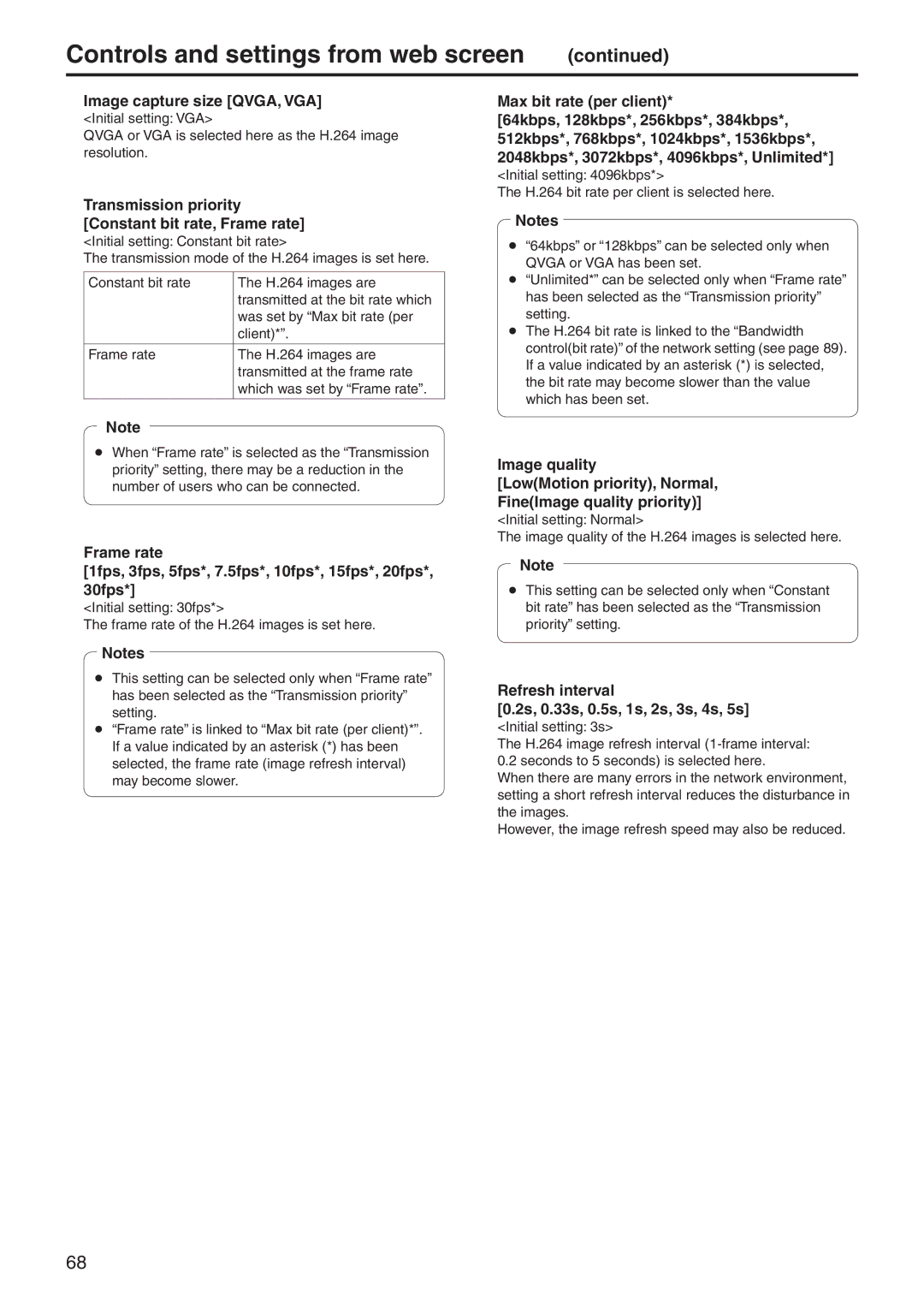 Panasonic AWHE60SN, AWHE60HN, AWHE60SE, AWHE60HE manual Image capture size QVGA, VGA Initial setting VGA, Refresh interval 