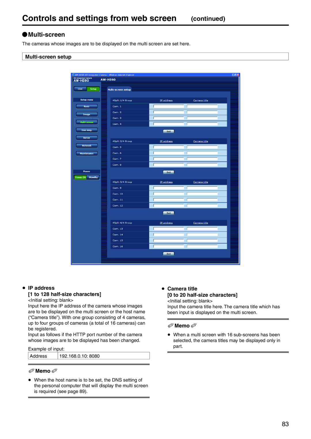 Panasonic AWHE60HE, AWHE60SN, AWHE60HN, AWHE60SE QqMulti-screen, Multi-screen setup  IP address To 128 half-size characters 