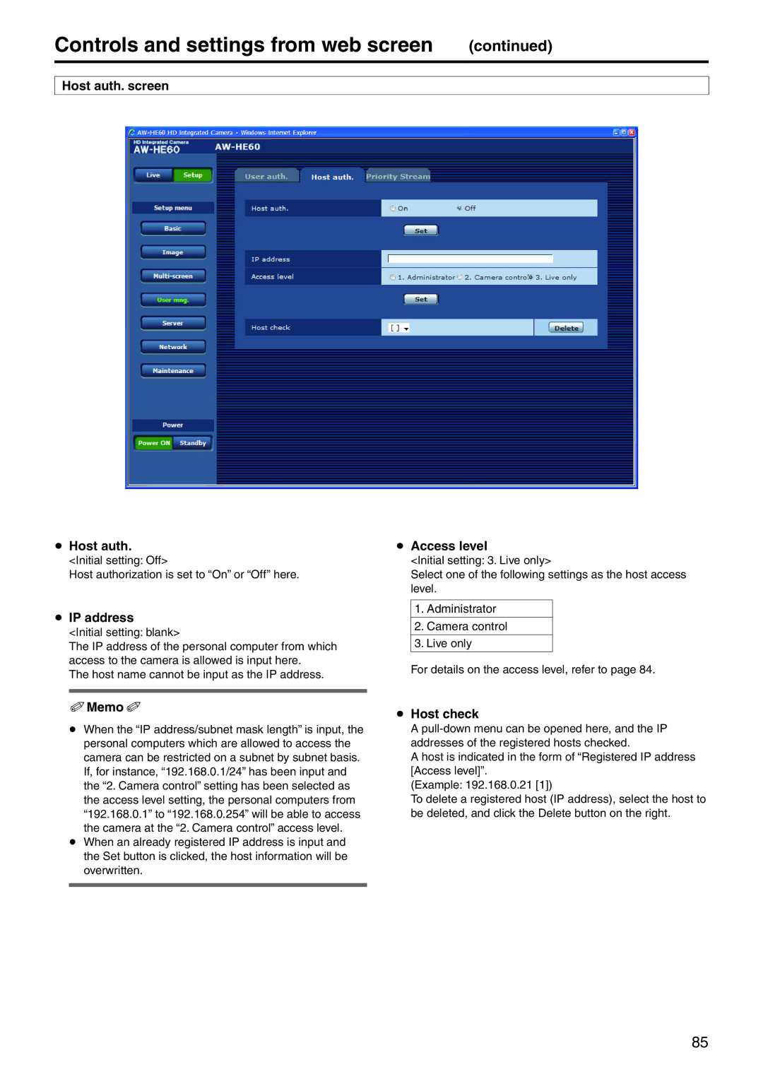 Panasonic AWHE60HN, AWHE60SN, AWHE60SE, AWHE60HE manual Host auth. screen  Host auth  Access level,  Host check 