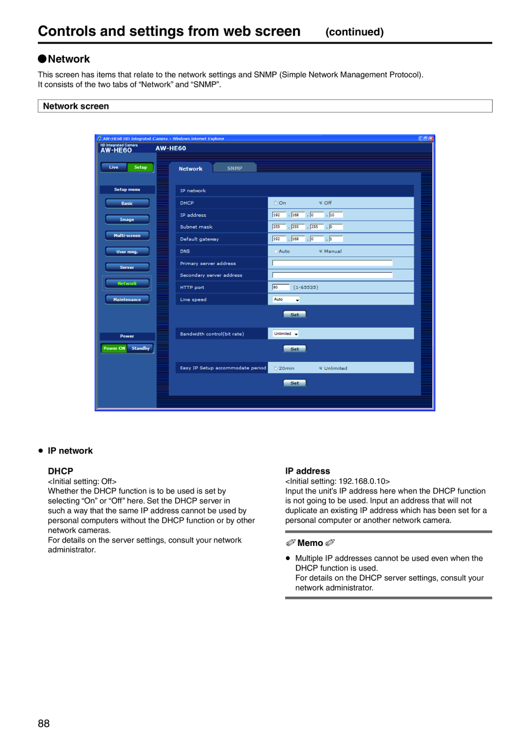 Panasonic AWHE60SN, AWHE60HN, AWHE60SE, AWHE60HE manual QqNetwork, Network screen  IP network 