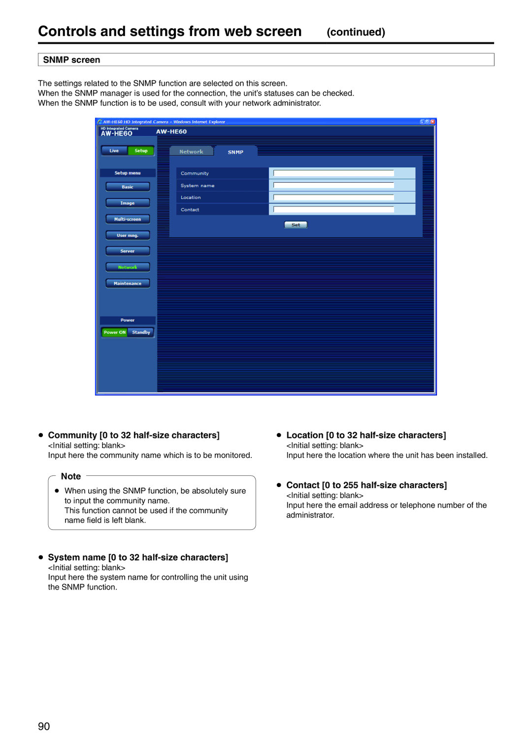 Panasonic AWHE60SE manual Snmp screen,  Community 0 to 32 half-size characters,  System name 0 to 32 half-size characters 