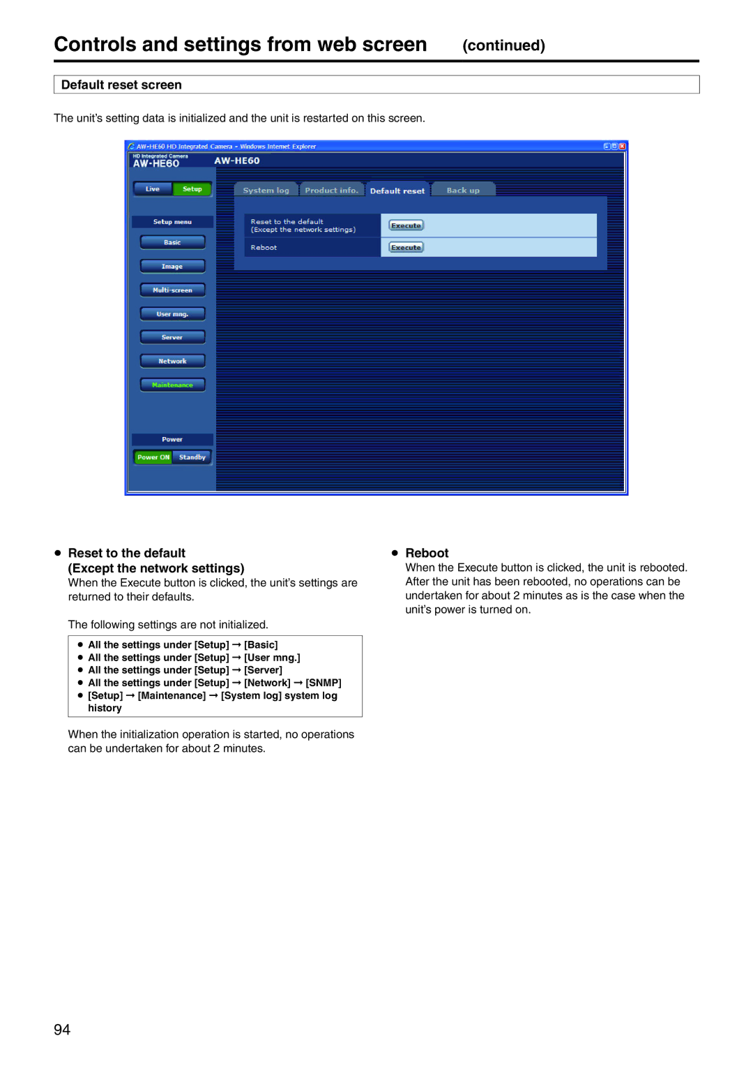 Panasonic AWHE60SE, AWHE60SN, AWHE60HN Default reset screen,  Reset to the default Except the network settings,  Reboot 