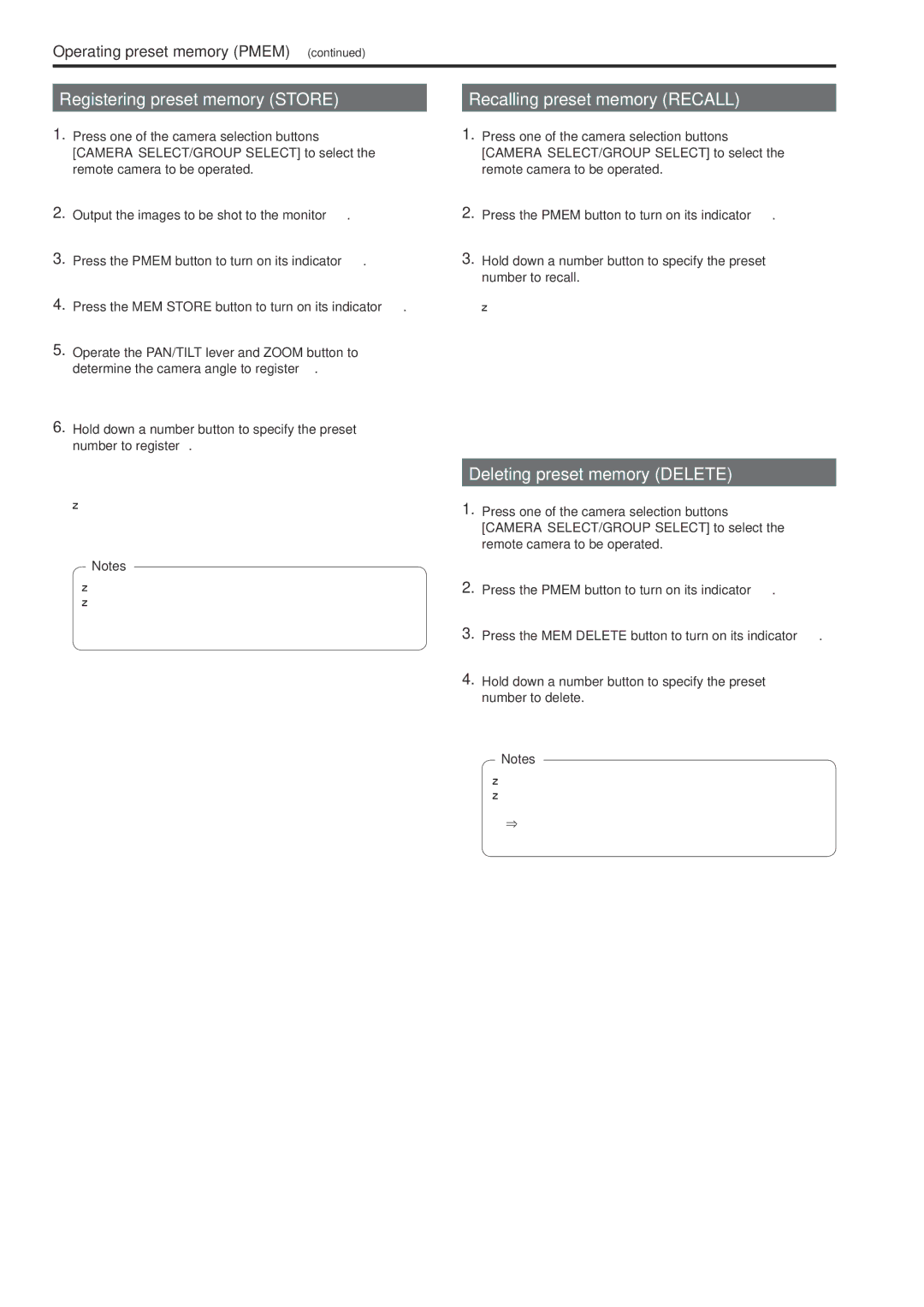 Panasonic AWRP120GJ Registering preset memory Store, Recalling preset memory Recall, Deleting preset memory Delete 