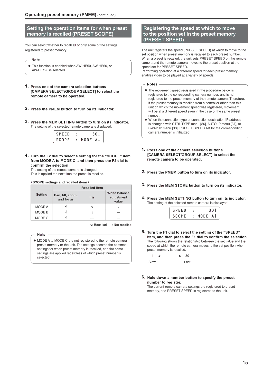 Panasonic AWRP120GJ Speed, Scope Mode a, Scope settings and recalled items Recalled item Setting, Iris 