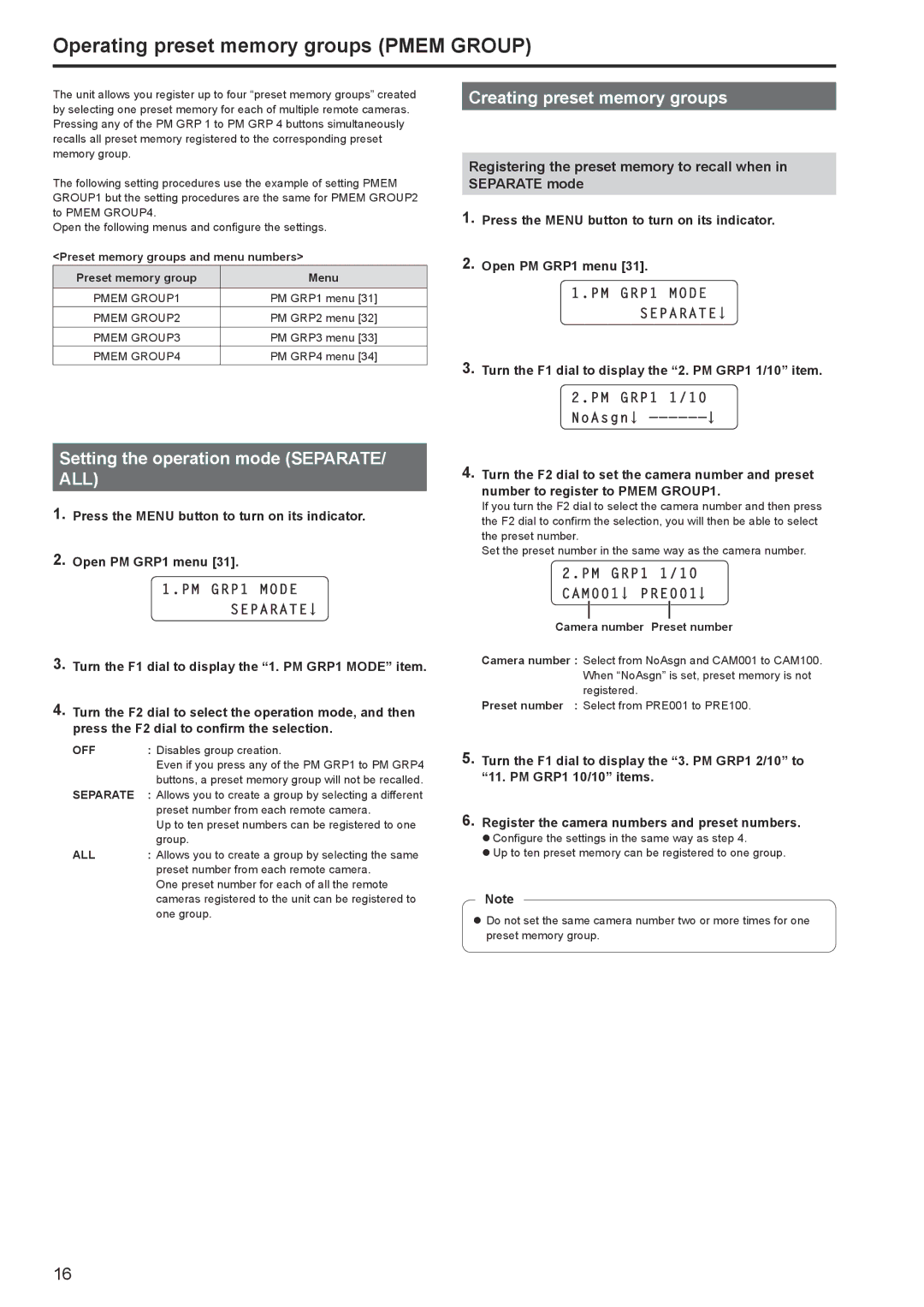 Panasonic AWRP120GJ Operating preset memory groups Pmem Group, Setting the operation mode SEPARATE/ ALL 