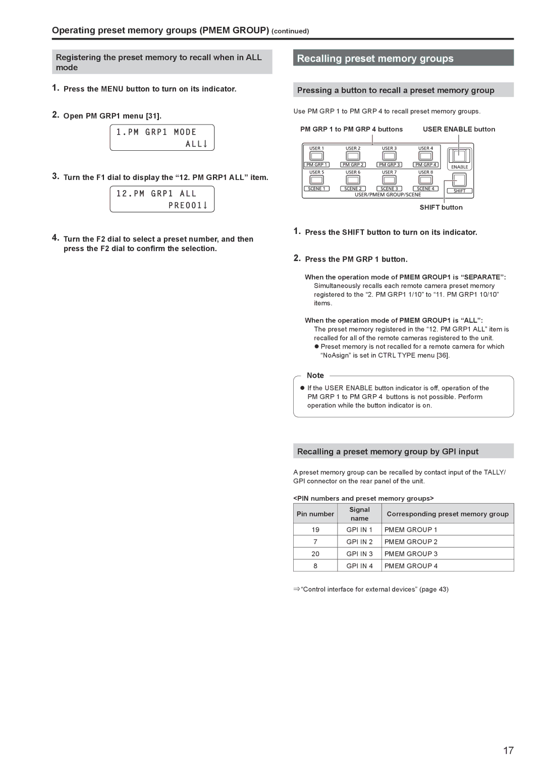 Panasonic AWRP120GJ Recalling preset memory groups, Registering the preset memory to recall when in ALL mode 