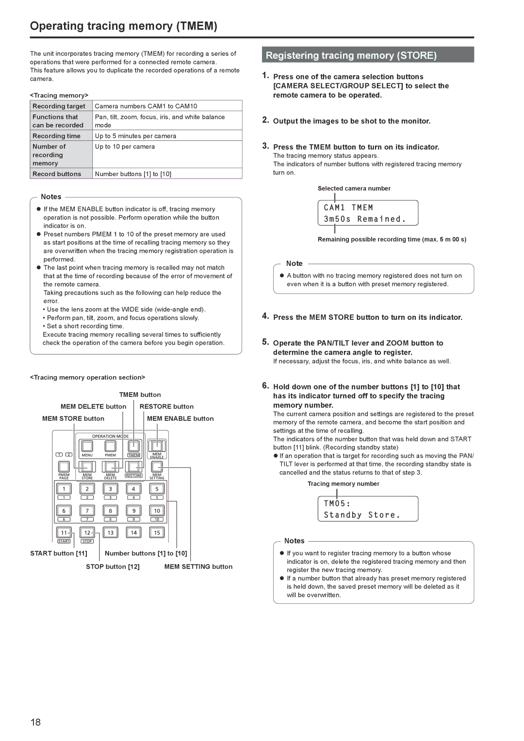 Panasonic AWRP120GJ Operating tracing memory Tmem, Registering tracing memory Store, CAM1 Tmem, 3m50s Remained 