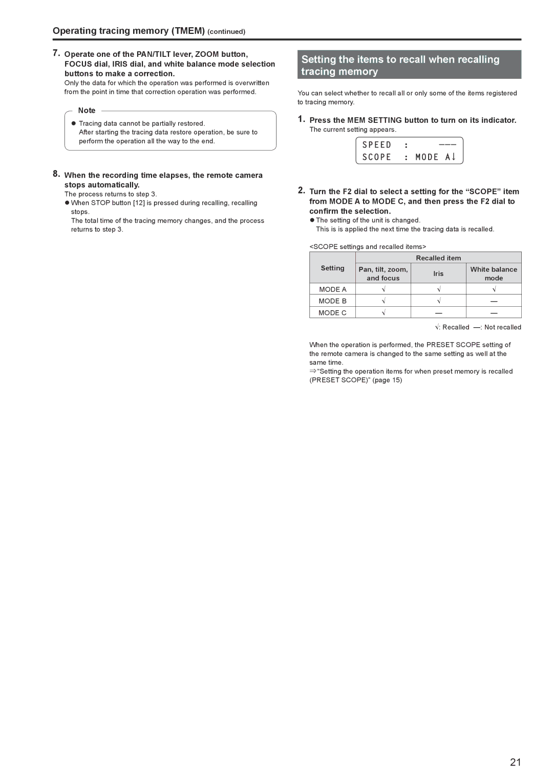 Panasonic AWRP120GJ operating instructions Setting the items to recall when recalling tracing memory, Recalled item Setting 