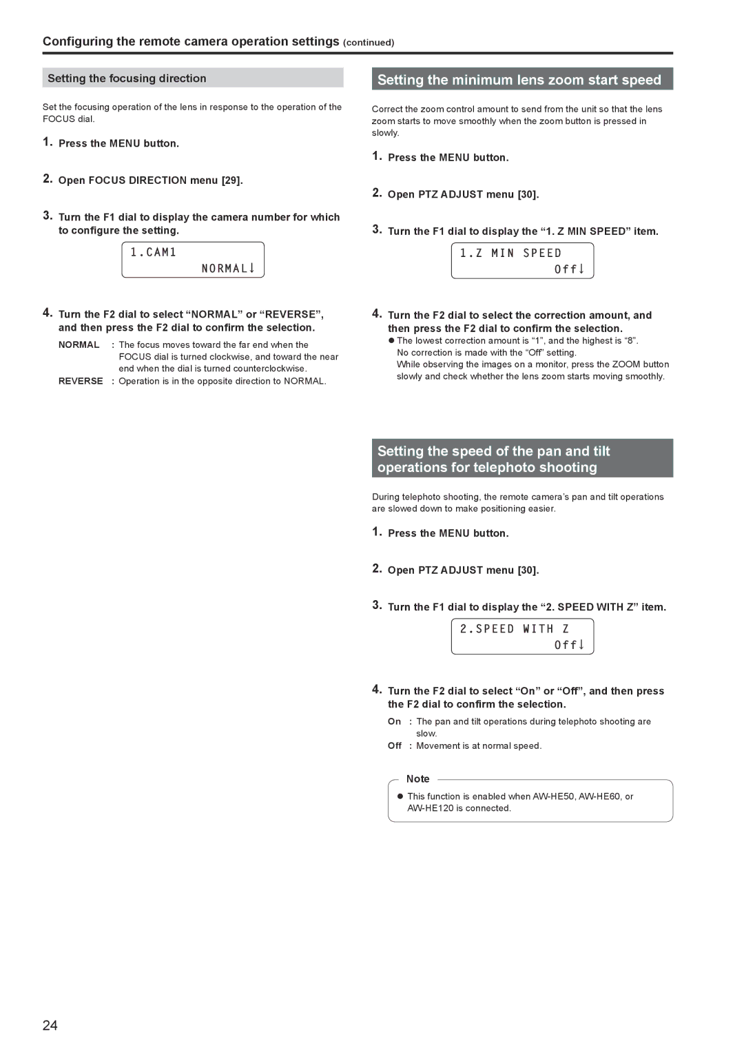 Panasonic AWRP120GJ Setting the minimum lens zoom start speed, Setting the focusing direction, MIN Speed, Speed with Z Off 