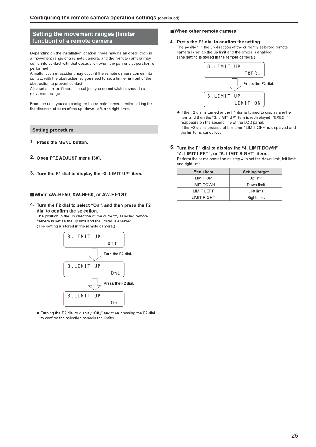 Panasonic AWRP120GJ Setting procedure, „„When AW-HE50, AW-HE60, or AW-HE120, „„When other remote camera 