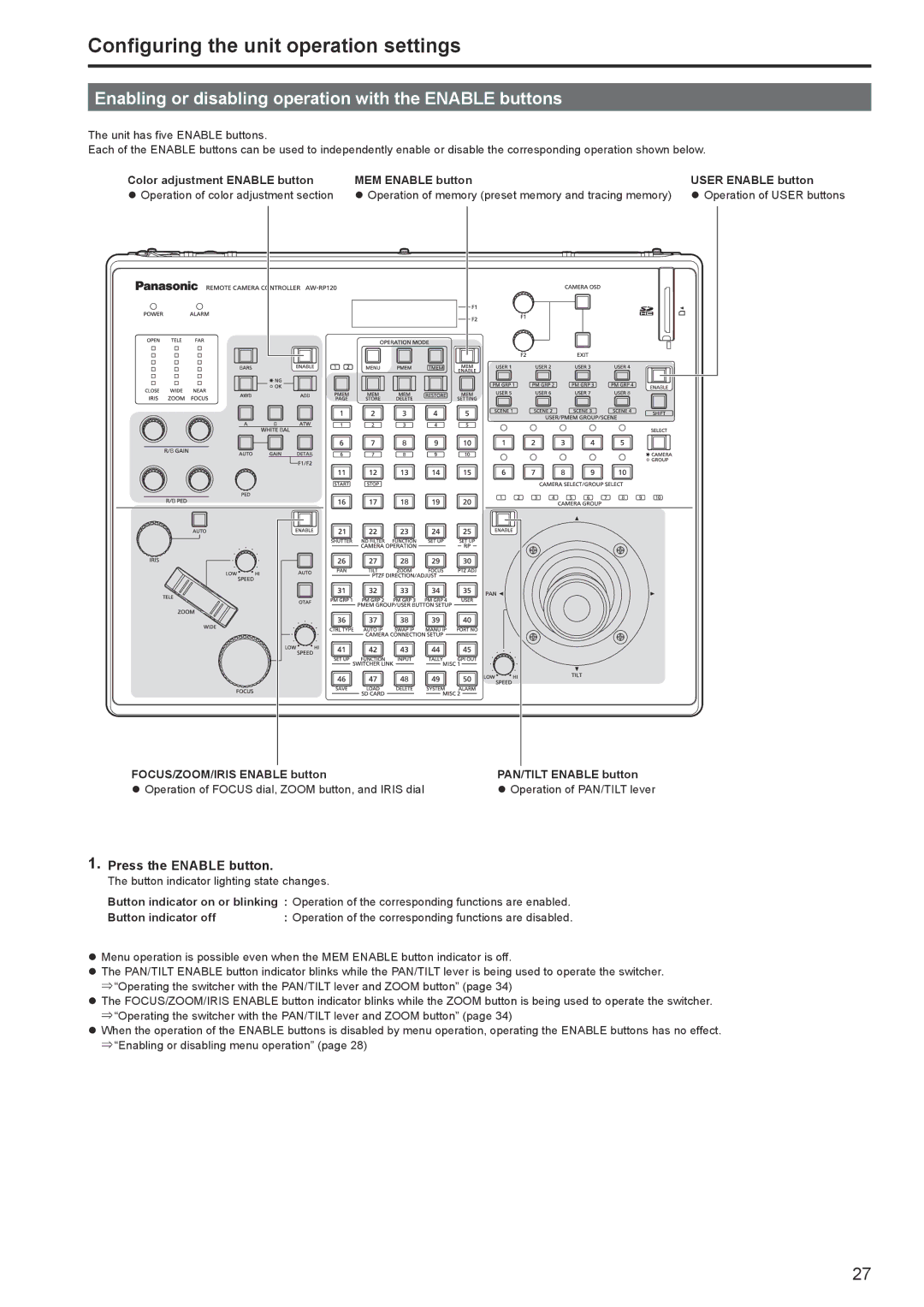 Panasonic AWRP120GJ Configuring the unit operation settings, Enabling or disabling operation with the Enable buttons 