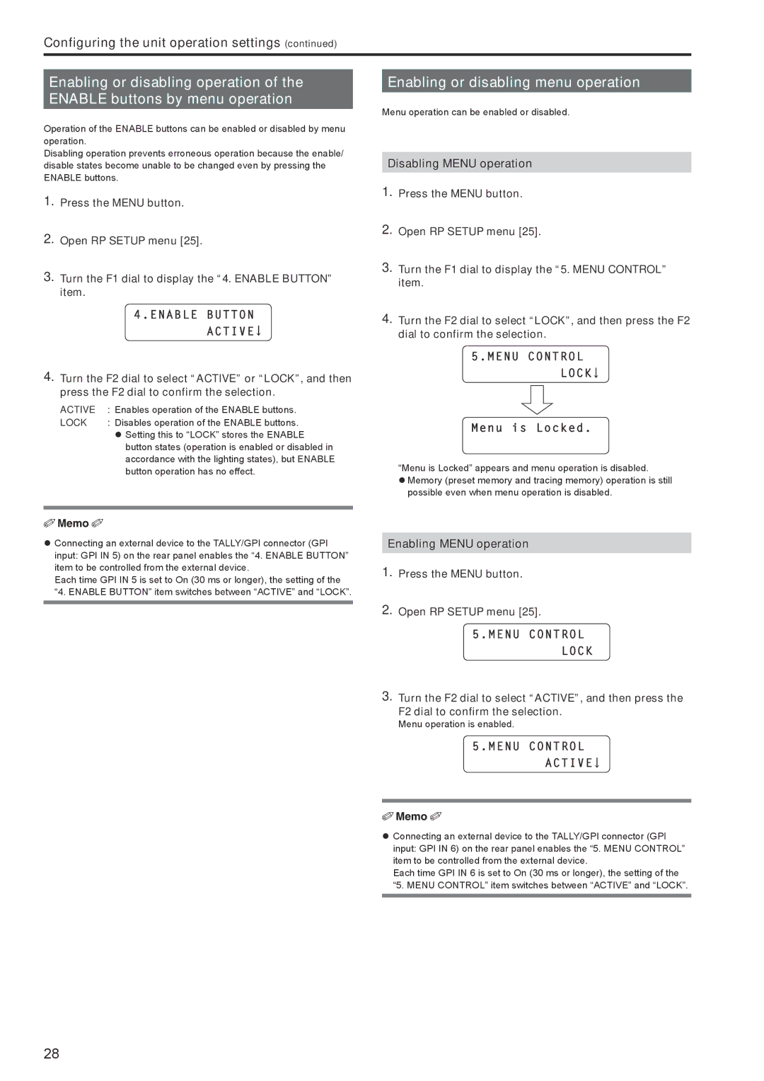 Panasonic AWRP120GJ Enabling or disabling menu operation, Disabling Menu operation, Enabling Menu operation 