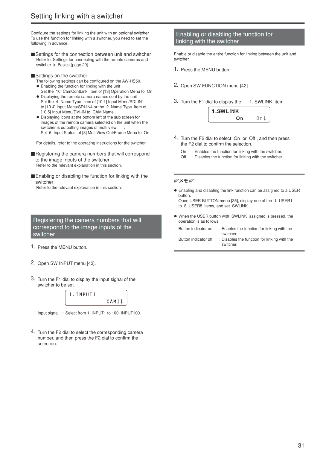 Panasonic AWRP120GJ Setting linking with a switcher, „„Settings for the connection between unit and switcher, INPUT1 