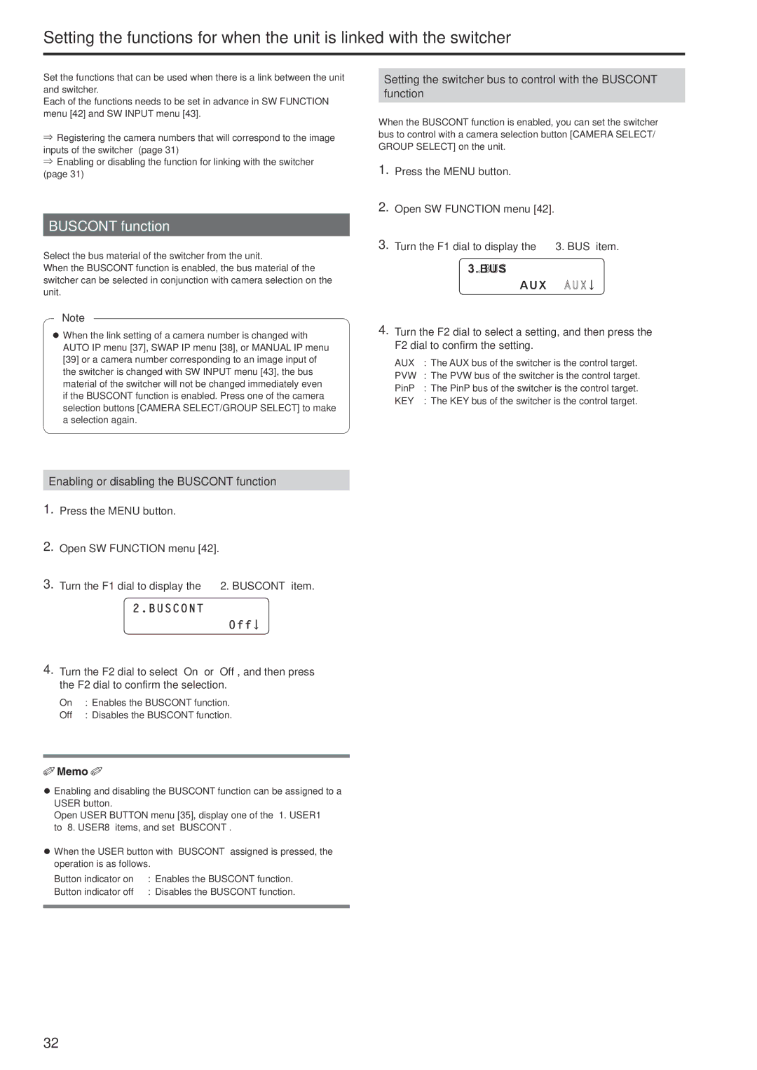 Panasonic AWRP120GJ operating instructions Enabling or disabling the Buscont function, Bus Aux 